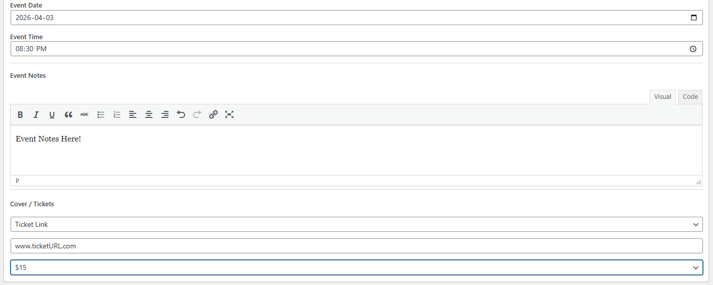 GigGrid Add Event screen